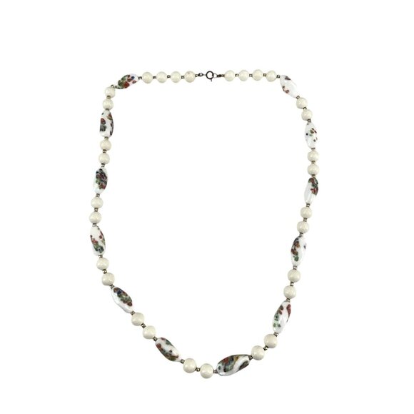 Vintage Floral Ceramic Bead Necklace With White Round Beads Metal Clasp - Picture 1 of 9